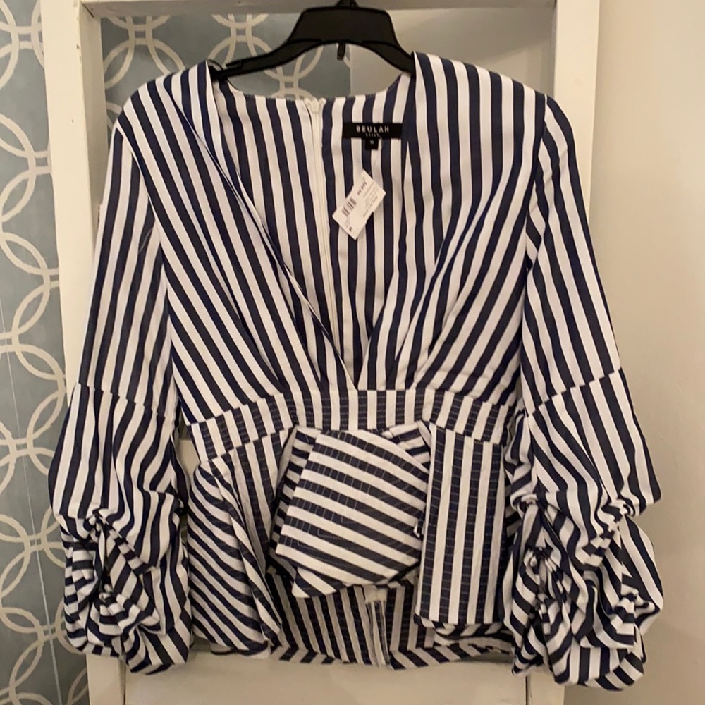 Striped Plunge Neck Blouse NWT by Beulah